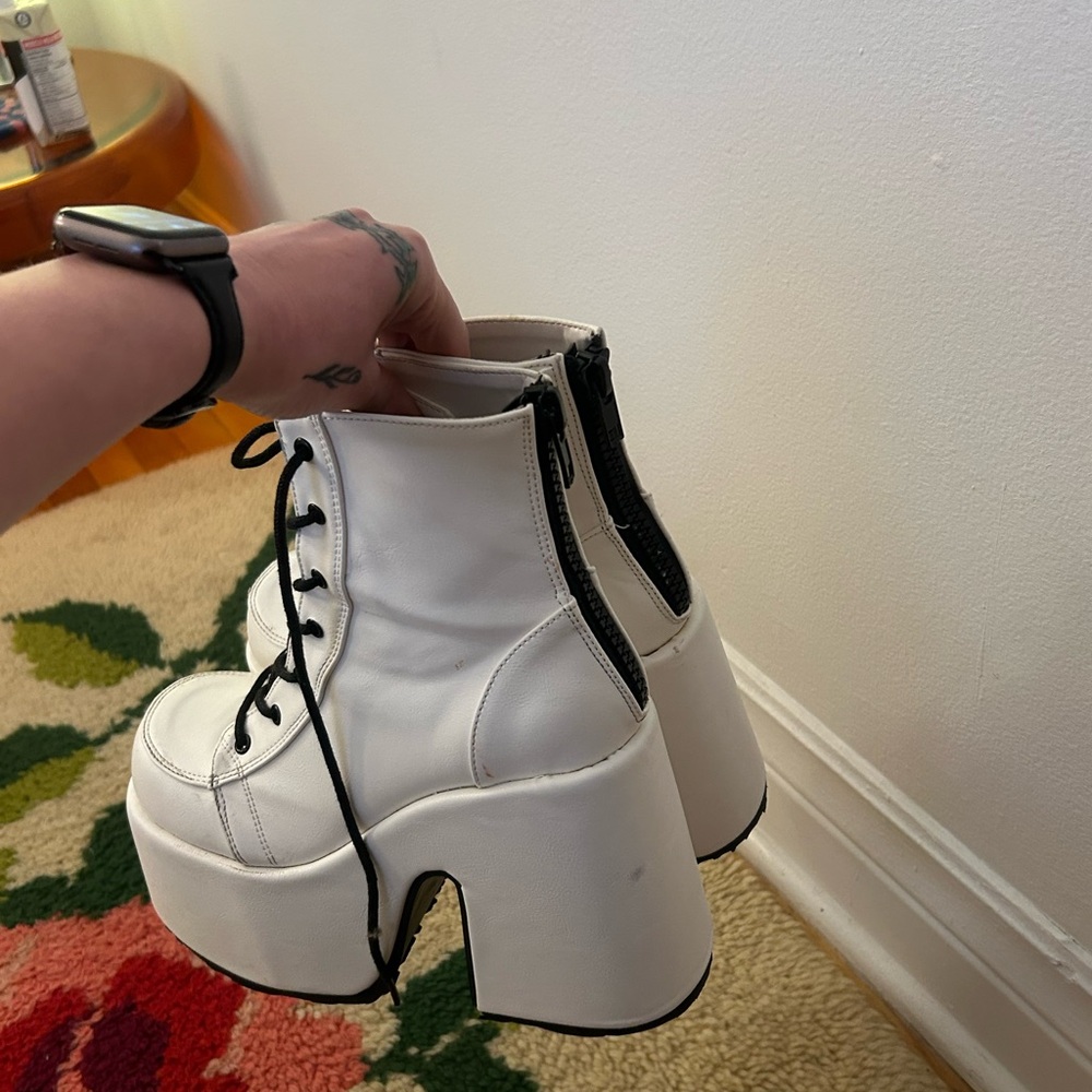 Demonia White Lace Up Platform Boots - Picture 3 of 4